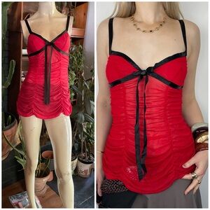 Y2k Victorias Secret Cherry Red strappy Mesh sheer ruched Babydoll Slip